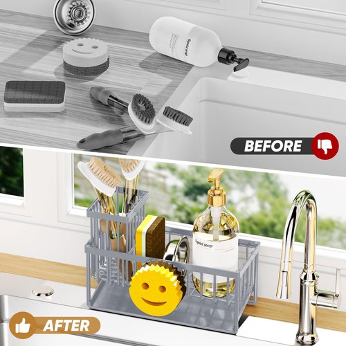 Taugast Smiley Face Sink Caddy, Stainless Steel, Gray, Kitchen Sink Organizer, Self-Draining, Non-Slip, Large, 9.5" x 4" x 6.3"