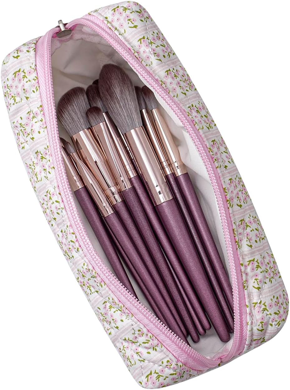 Skiennix Cute Floral Makeup Brush Bag - Quilted Travel Organizer Case in Pink Floral Design
