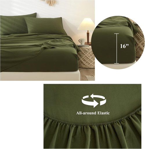 HighBuy Queen Sheet Set - Luxury Hotel-Quality Cooling Bed Sheets | 4-Piece Army Green Bedding - 16'' Deep Pocket, Wrinkle & Stain Resistant