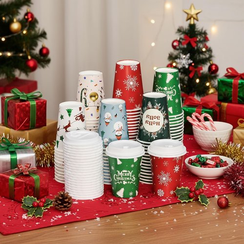SUREPHON Christmas Disposable Coffee Cups with Lids, 60 Pack 12 Oz To Go Coffee Cups,6 Designs Christmas Coffee Drinking Paper Cups for Hot Chocolate, Hot Cocoa, Xmas Dinner Party