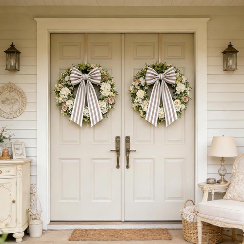 AZYM Wreath Sash Set - Elegant Ribbon Accessories for Front Door Decor | White & Beige