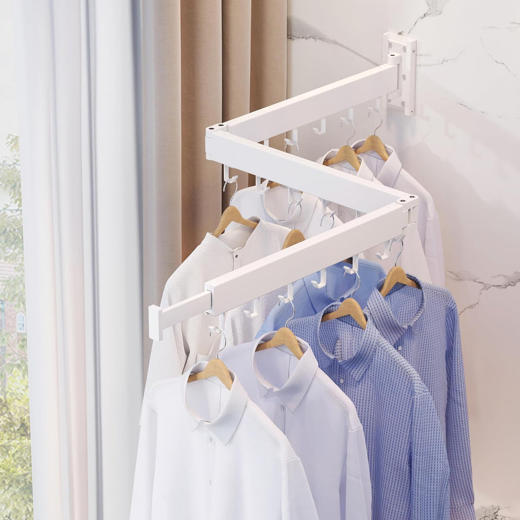 ZdwCyl Clothes Drying Rack - Retractable Wall-Mounted Laundry Space Saver | Tri-Fold Design, White
