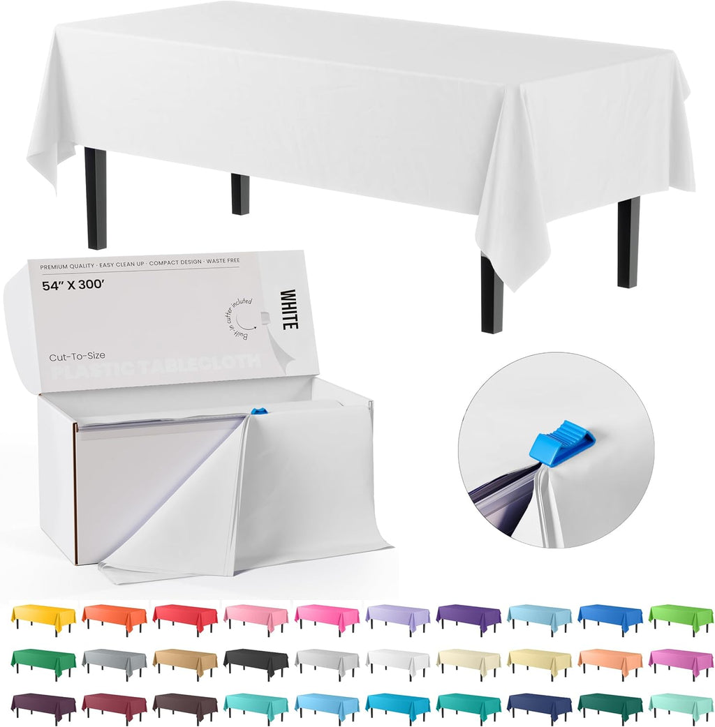 Party Solids | 54-Inch x 300 Feet White Plastic Table Cover Roll - Convenient Cut-to-Size Box with Slide Cutter