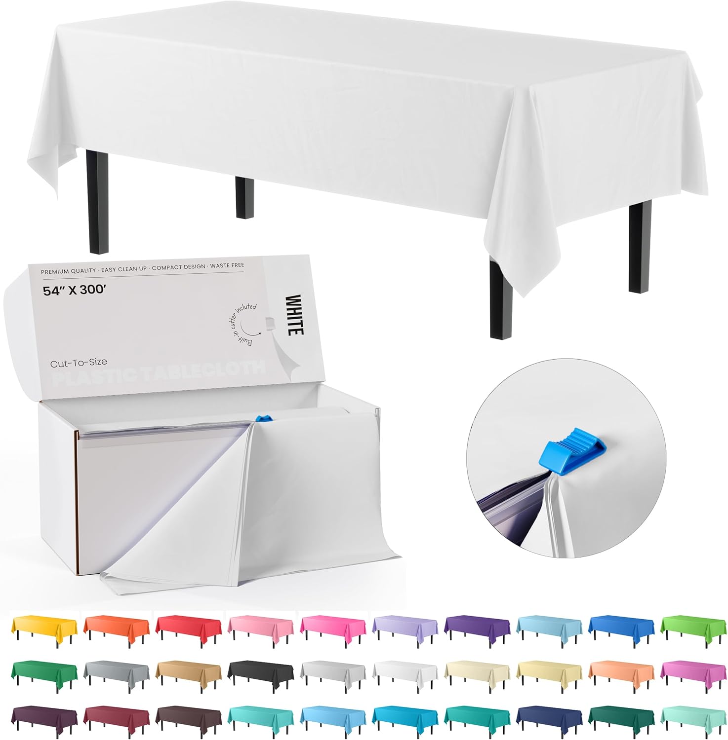 Party Solids | 54-Inch x 300 Feet White Plastic Table Cover Roll - Convenient Cut-to-Size Box with Slide Cutter
