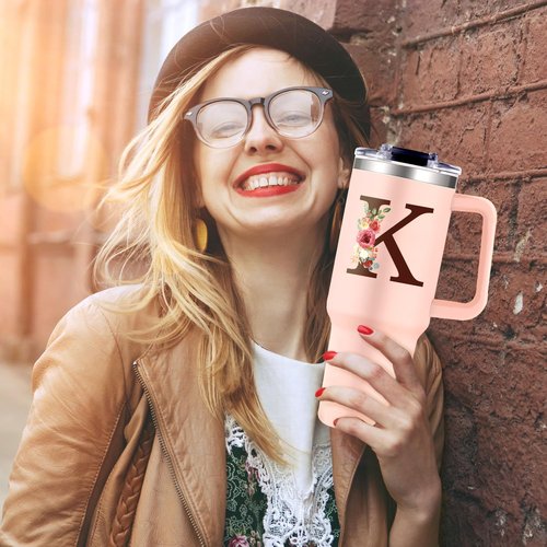Gooddooes Monogrammed 40oz Tumbler with Handle for Women, Personalized Birthday Gifts for Women,Initial Cups for Woman Floral Letter K,Customized Gifts for Female Lady Gift for Mothers Day Christmas