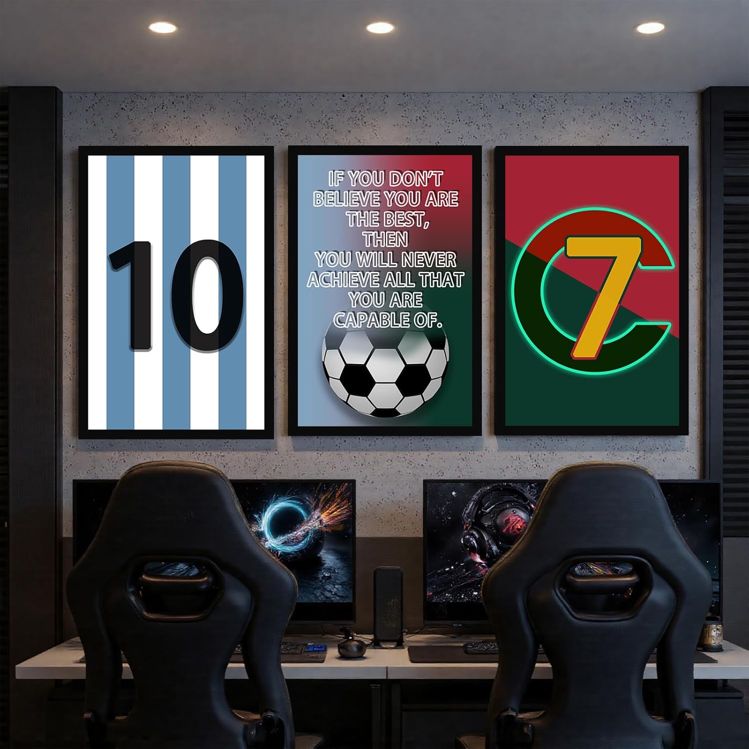 Pormipone Football Wall Art Decor - 3 Pcs Soccer Canvas Paintings for Boys' Room | 12x18 in