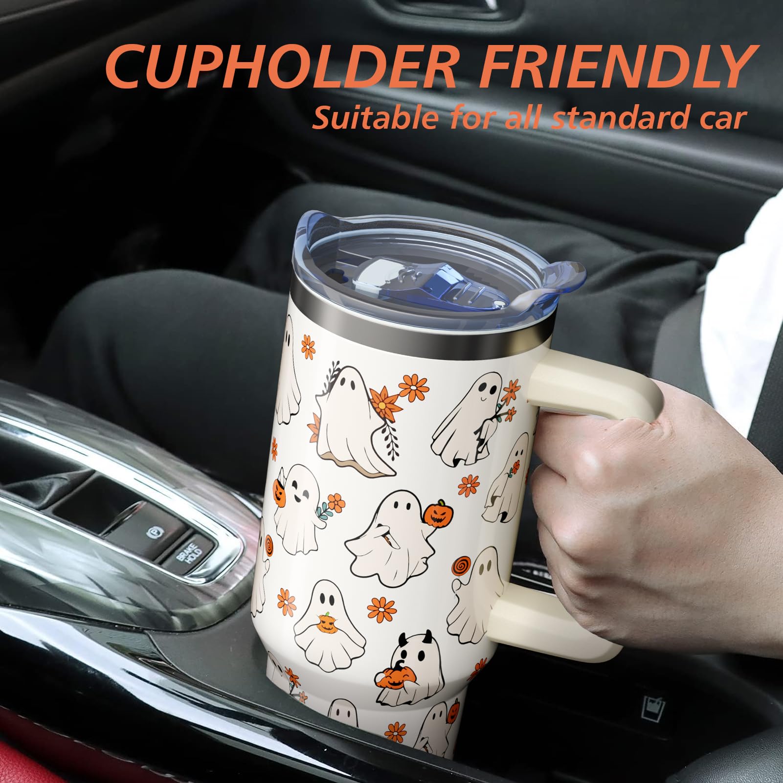 Sabobo Halloween Spooky Cup Gifts for Women Men, Cute Ghost 40oz Tumbler with Handle and Straw, Holiday Stainless Steel Insulated Water Bottle (1 PC)