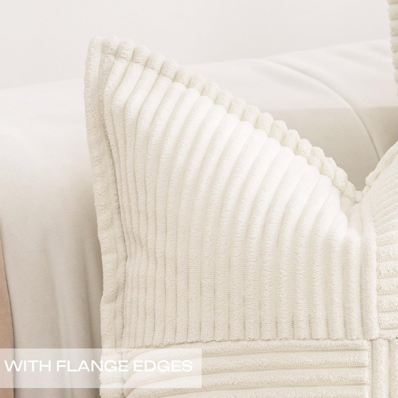 Puncuntex Corduroy Cream White Throw Pillow Covers 18×18 Inches Set of 2 Boho Decorative,Super Soft Cozy Striped Cushion Covers for Couch,Sofa,Farmhouse,Living Room,45×45CM