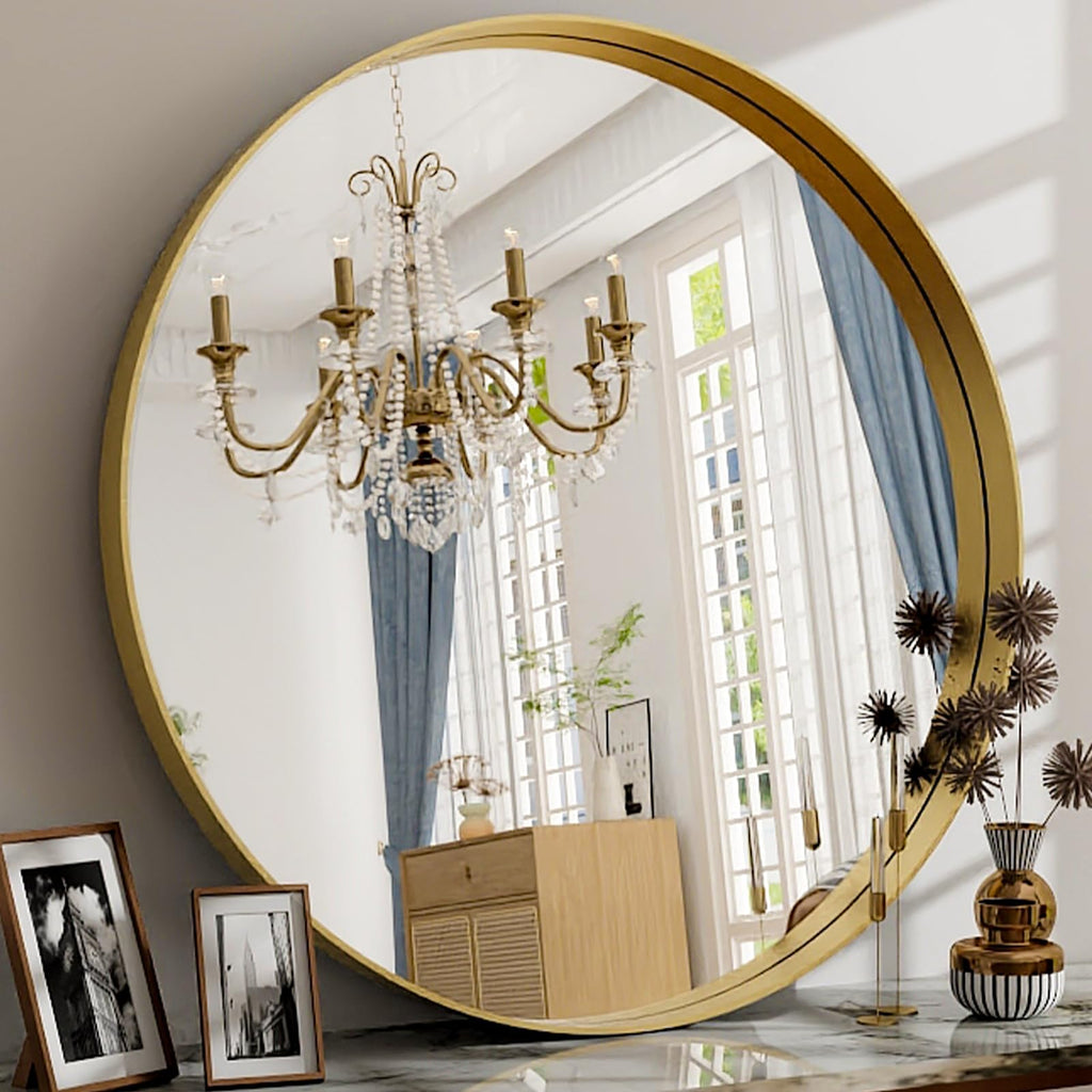 30 Inch Round Bathroom Mirror - Wall Mounted Circle Mirror with Metal Frame, Modern Mirror Suitable for Bathroom, Vanity, Entryway, Living Room, Wall Decor,Gold
