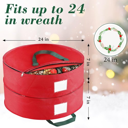 BlessedSeason Wreath Storage Container - Protects 2 Holiday Wreaths with Dual Zipper & Handles | 24” Red