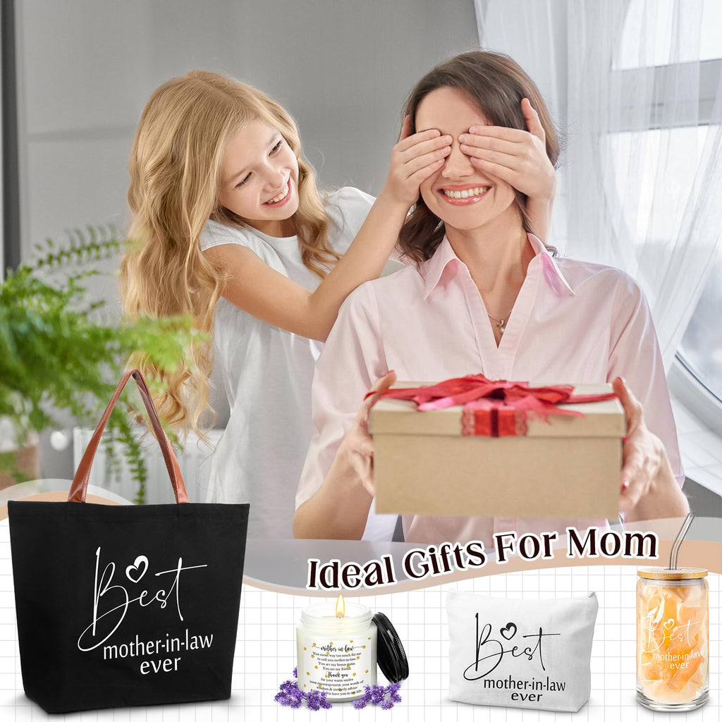 SilTriangle 4 Pcs Mother in Law Gifts Best Mother in Law Ever Gift Include 16 oz Glass Cup with Lid and Straw Tote Bag Makeup Bag 3. 5 oz Scented Candle Mom Birthday Present from Daughter Son(Black)