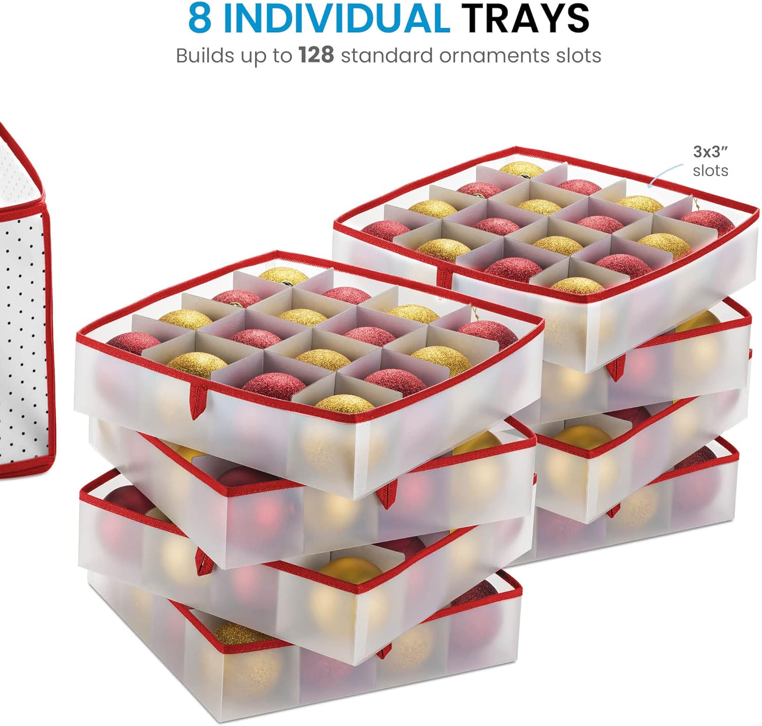 ZOBER Christmas Ornament Storage Box - Holds 128 Ornaments with Dual Zipper - Red Plastic Containers (Pack of 2)