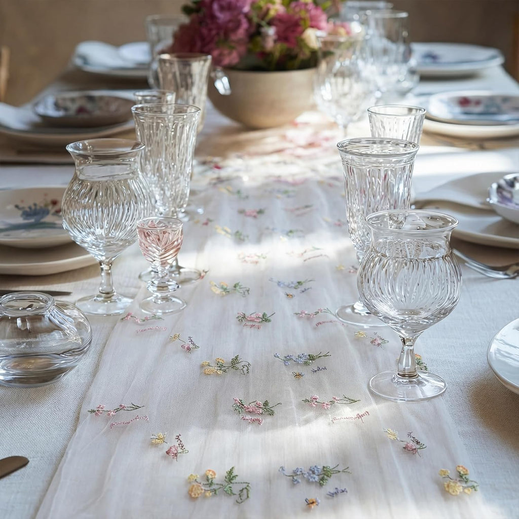 Remagr Floral Table Runner - 9.8 ft Embroidered Tulle for Home Decor | Perfect for Weddings & Parties