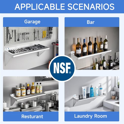 ROCKPOINT Stainless Steel Shelf 12 x 48 Inches 350lb, NSF Metal Commercial Shelves Wall Mount Floating Shelving with Backsplash for Restaurant, Kitchen, Home and Hotel, Silver