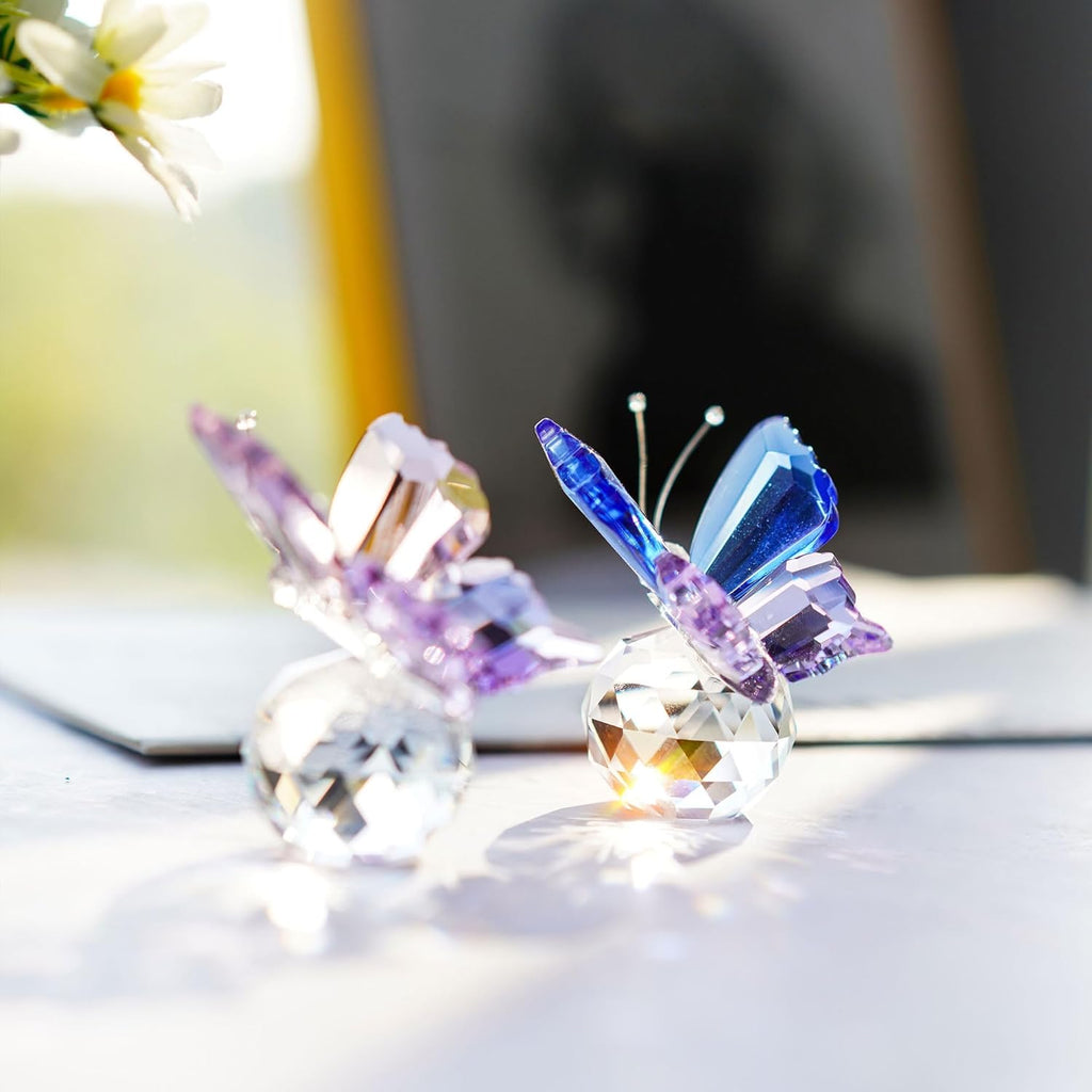 Skiennix Crystal Butterfly Figurines - Elegant Clear Ball Base | 2-Piece Set for Home Decor & Gifts