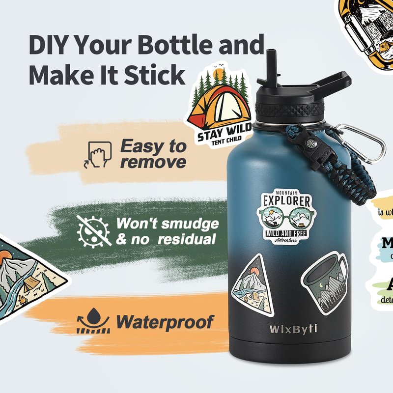 WixByti 64 oz Insulated Water Bottle with Straw (Cold for 48 Hrs), Half Gallon Stainless Steel Triple Wall Vacuum Sports Water Jug, Leakproof Hydro Cup Flask with Straw Spout Lids & DIY Stickers