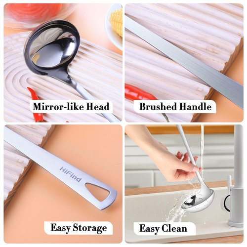 HIFIND 4PCS Cooking Utensils Set, Stainless Steel Kitchen Utensils Set, Durable Kitchenware Set for Cooking, Utensils Set with Slotted Serving Spoon, Spaghetti Fork, Ladle, Solid Serving Spoon