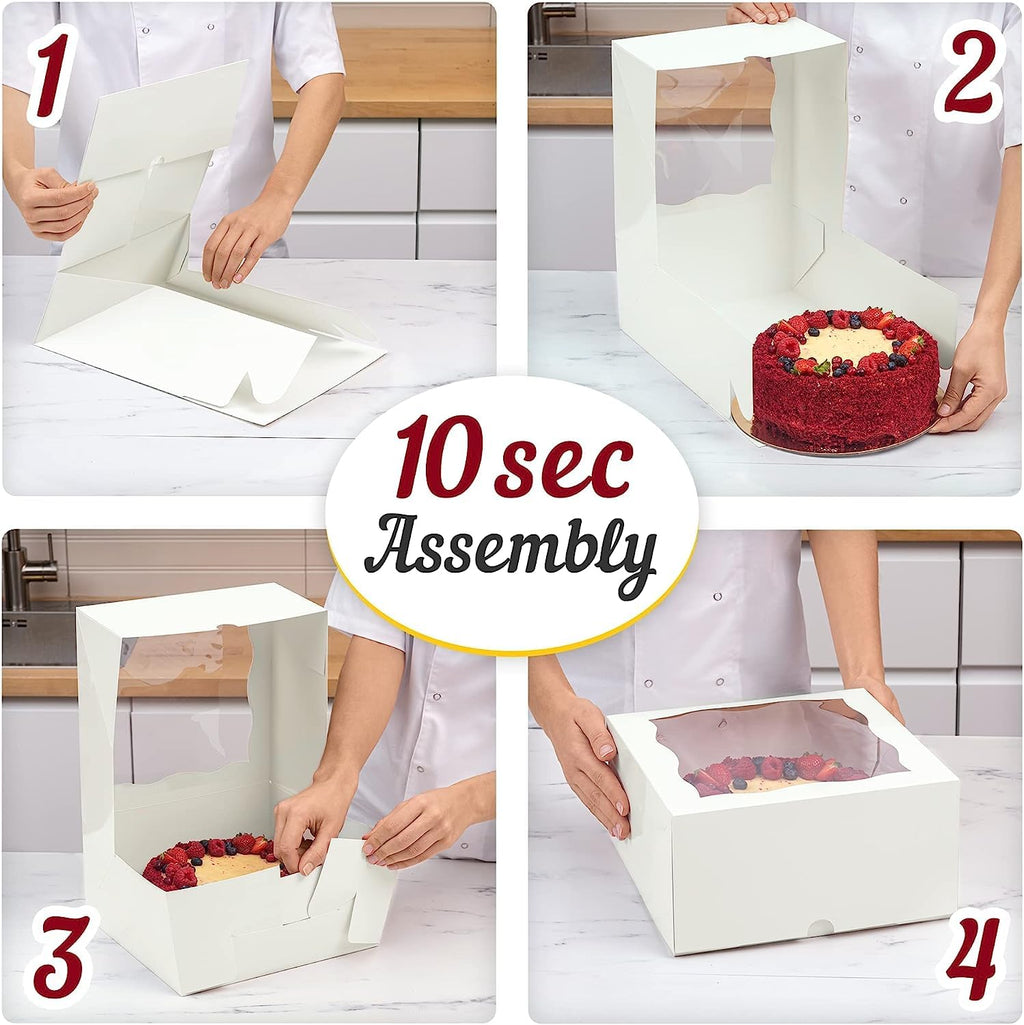 DELIHIDE Premium Cake Boxes with Cake Boards Set - 12 Front-Loading Sturdy Cardboard Cake Boxes 10", 12 White/Gold Greaseproof Boards 10 Inch - Window Cake Box Set