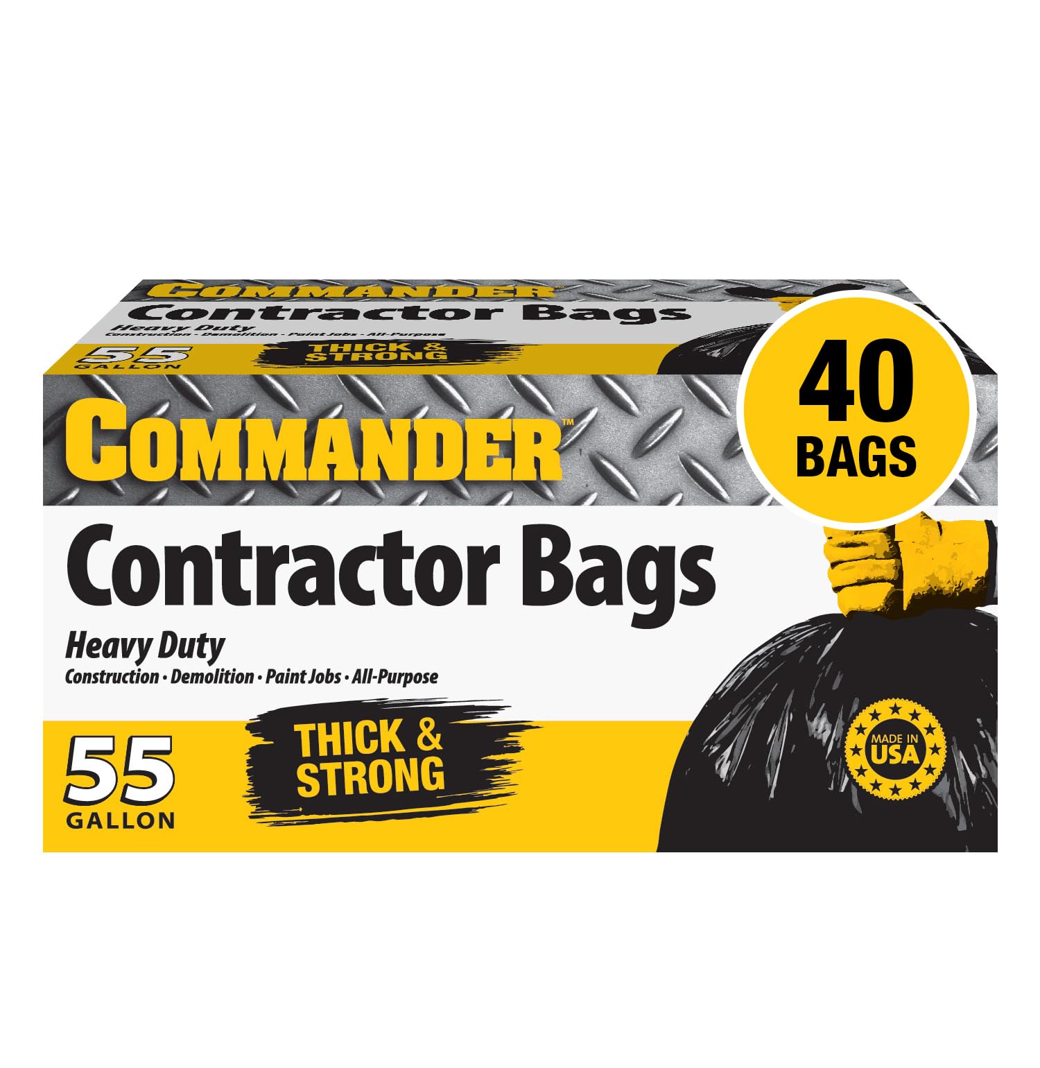 Commander 55 Gallon 3 MIL Heavy Duty Contractor Bags with Flap Ties - 36" x 52" - Pack of 40 - For Contractor, Industrial, & Outdoor