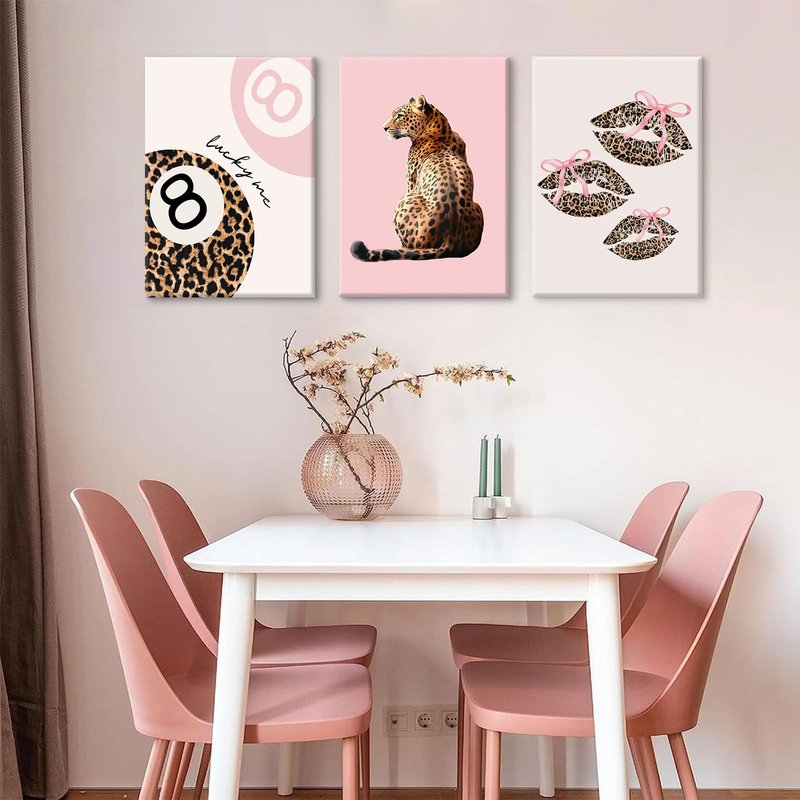 Pink Cheetah Wall Art Decor Leopard Preppy Trendy Canvas Poster Fashion Aesthetic Room Decor Y2k 8 Ball Prints Coquette Bow Picture Pink Lucky Painting for Dorm Girl Bedroom 16x24x3 Inch Ready to Hang