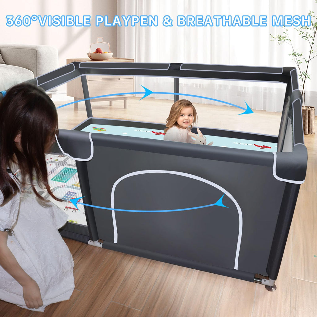 Baby Playpen with mat, Play Pen Playards, Playpen for Babies and Toddlers Play Pin Indoor Active Center Game Fence, 50x50 Inch, Grey
