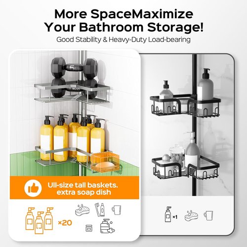 HAMITOR Shower Caddy - 4-Tier Rustproof Bathroom Organizer with Soap Holder | Adjustable No-Drill Design for Small Spaces - 47-123 Inch