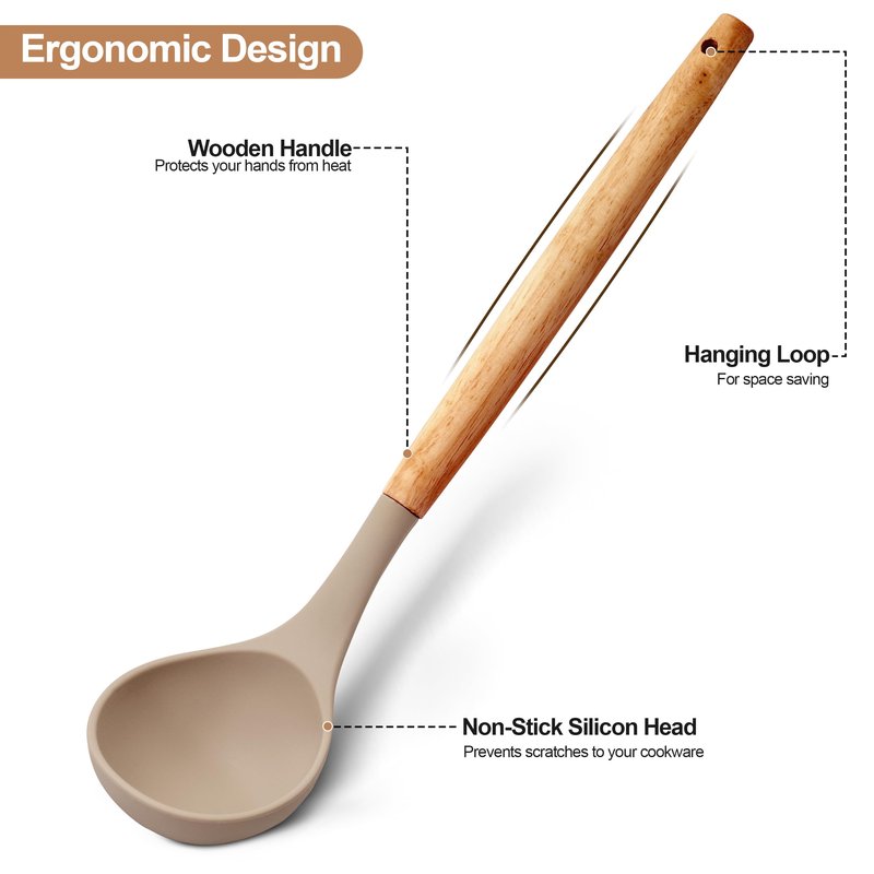 LDC Silicone Cooking Utensils Set 35 Piece with Holder - BPA Free Food Grade Silicone, Heat Resistant Wooden Handles, Cooking Spatula Set for Nonstick Cookware (Khaki)