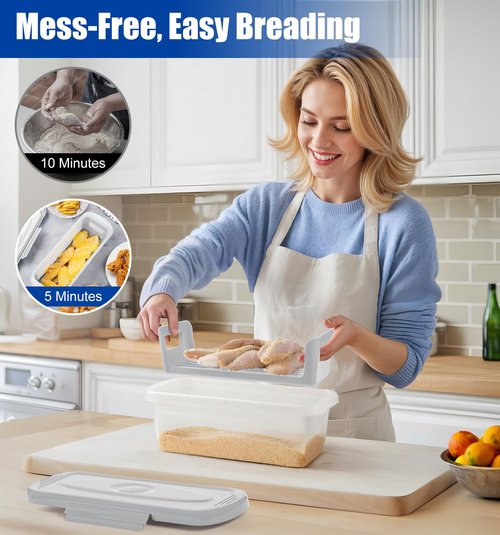 Batter Bowl with Lid, 2-Pack Fish Batter Shaker, Better Breader Shaker Bowl with Breading Shaker Tray, Batter Bowl with Lids Shaker for Frying Chicken Wings Fish Onion Rings Veggies