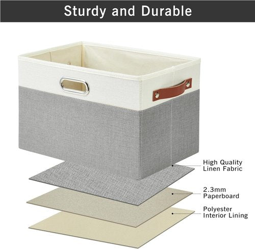 Bagnizer Fabric Storage Bins - Large Collapsible Organizer Baskets with 3 Handles | 3 Pack, Durable Gray & White (14.9"x9.8"x9.8")