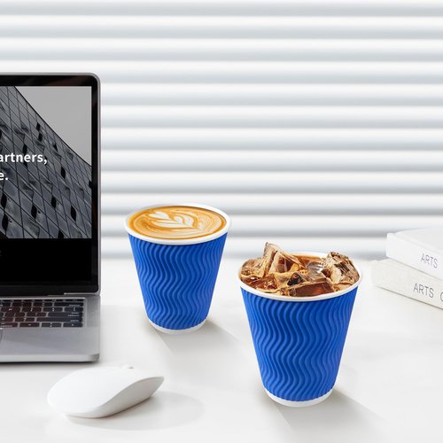 V VAMEI 12 oz Coffee Cups 100 Count, Disposable Paper Cups 12oz, Corrugated Ripple Wall To Go Coffee Cups for Hot Beverage Party Home Office School Work Morning Coffee Bar, Blue