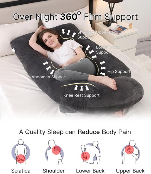 Allopera Pregnancy Pillow - Full Body 57-Inch Maternity Support with Removable Washable Cover | Black Grey Velvet