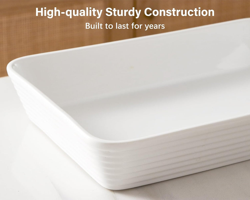 ONEMORE Ceramic Baking Dish - 9x13 Large Rectangular Casserole Pan for Family Meals | Ribbed White Bakeware