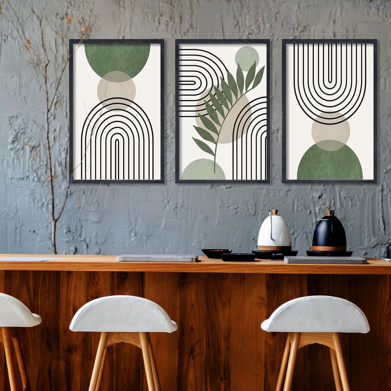 ZZJJHYWGQ Sage Green Boho Wall Art Decor 24"x16" Set of 3 Minimalist Geometric Line Leaf Sun Moon Artwork Paintings Living Room Office Abstract Botanical Soild Wood Framed Sign Wall Hanging (Black)
