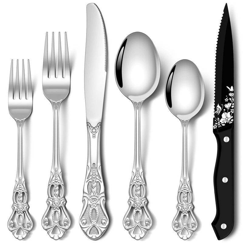 Stapava 48 Pcs Gorgeous Retro Royal Silverware Set with Steak Knives, Stainless Steel Cutlery Flatware Set for 8, Include Forks Spoons and Knives set, Dishwasher Safe Utensils Set, Mirror Polished