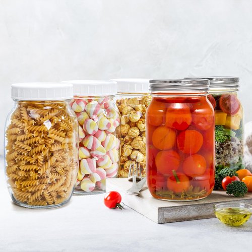Jucoan 6 Pack Wide Mouth Glass Mason Jar Canning Jar with Lid and Band, 32 oz Quart Size Square Mason Jars for Preserving, Fermenting, Pickling, Salad, Juice, Food Storage, with 6 Plastic Lids