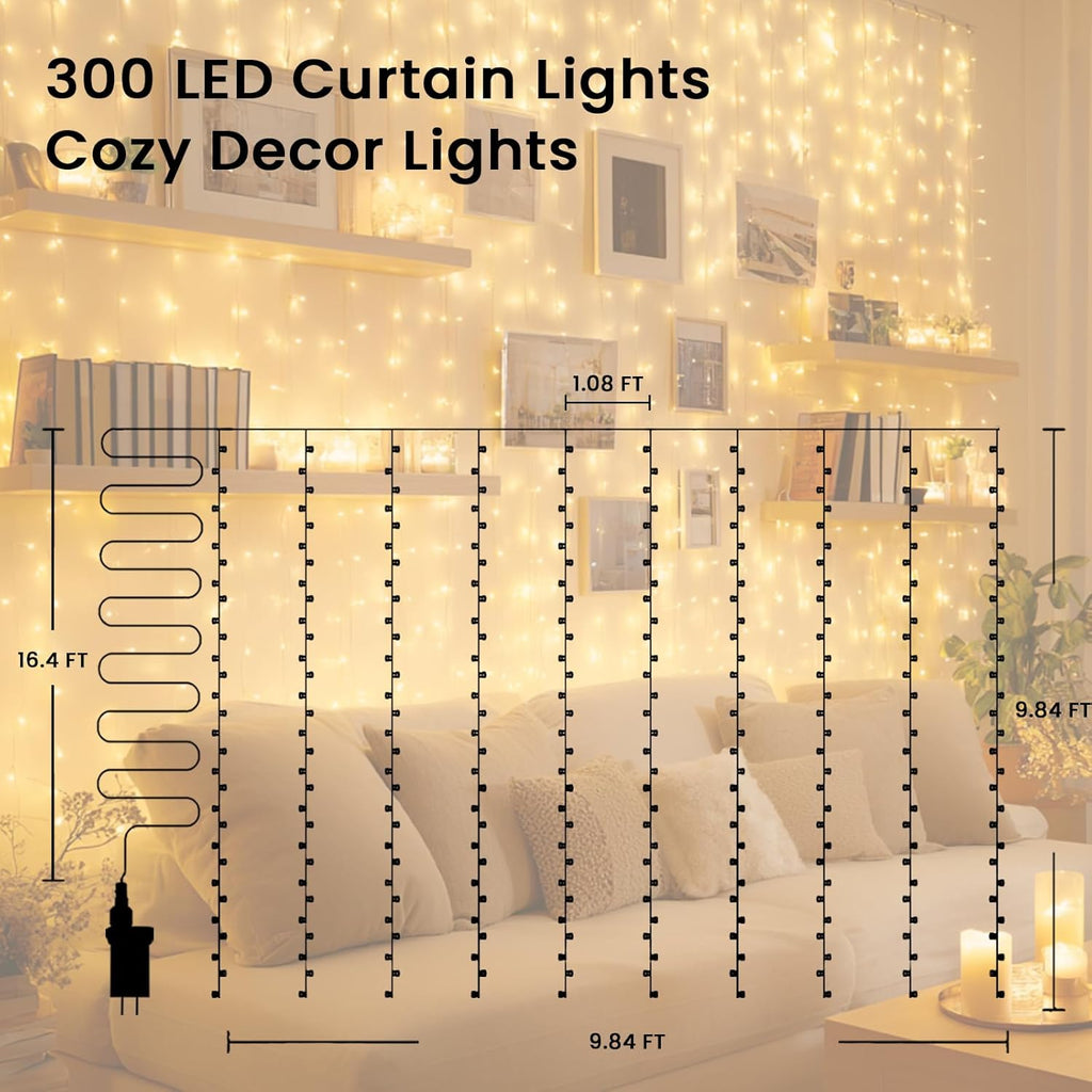 Skiennix 300 LED Curtain String Lights - Warm White with Remote & Timer | 9.8x9.8 Ft Waterproof Decor