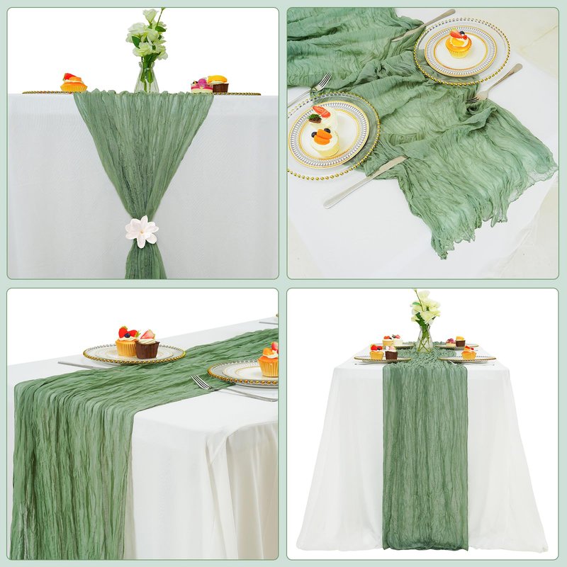 Eternal Beauty 6 Pack Sage Green Cheesecloth Table Runners - 35x120 in - 10FT Gauze Fabric Boho Table Decor - Rustic Sheer Wedding Runner for Baby Shower, Birthday Party & Special Events