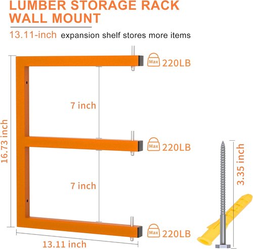 Lumber Rack | Heavy-Duty Wall-Mounted Lumber Storage System - 9-Level Organizer, 1980 LB Capacity, Orange (6 Pack)