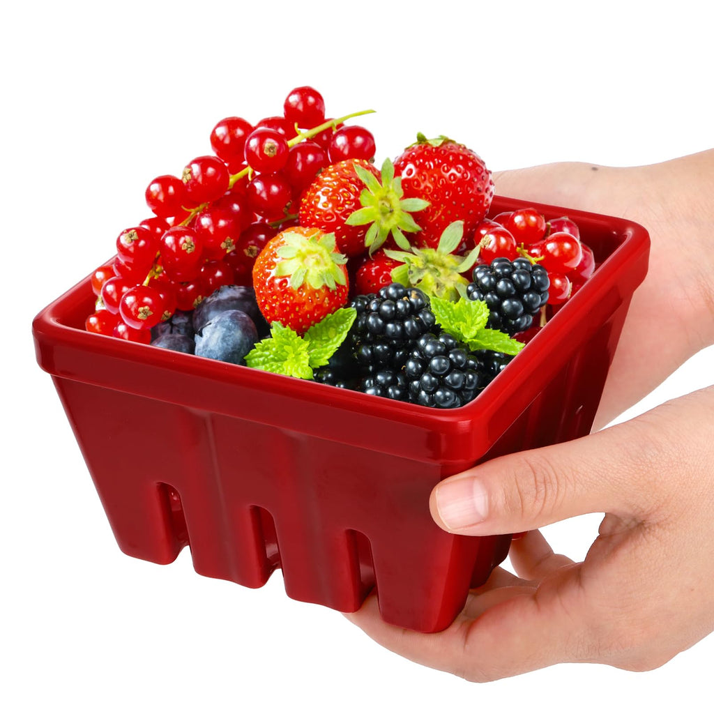 ZEAYEA Set of 2 Melamine Berry Basket, Berry Bowl With Holes for Fridge, Red Square Kitchen Fruit Basket for Christmas, Cute 5" Colander for Strawberry, Grape, Cherry, Berries, Veggies