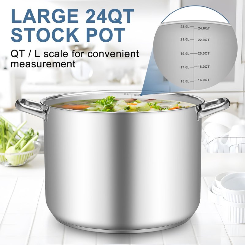 TeamFar Stainless Steel Stock Pot, 24QT Large Stockpot Tri-ply Bottom Cooking Soup Pot with Glass Lid, for Induction Gas Glass Stovetops, Non Toxic & Heavy Duty, Large Size & Easy Clean