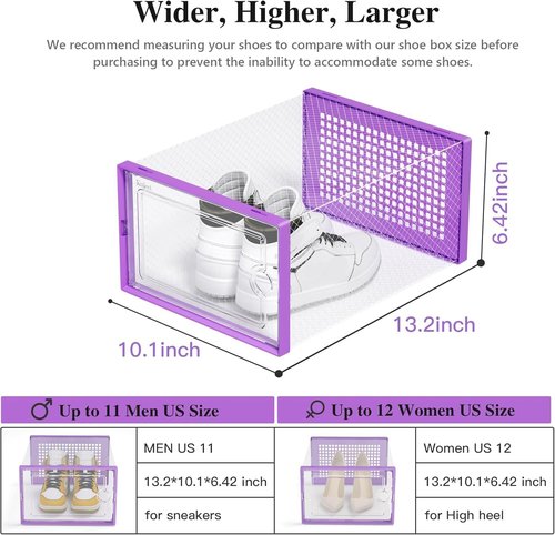 Kuject X-Large Shoe Storage Boxes - Clear Plastic Stackable 12 Pack | Sneaker & Toy Organizer Bins, Purple