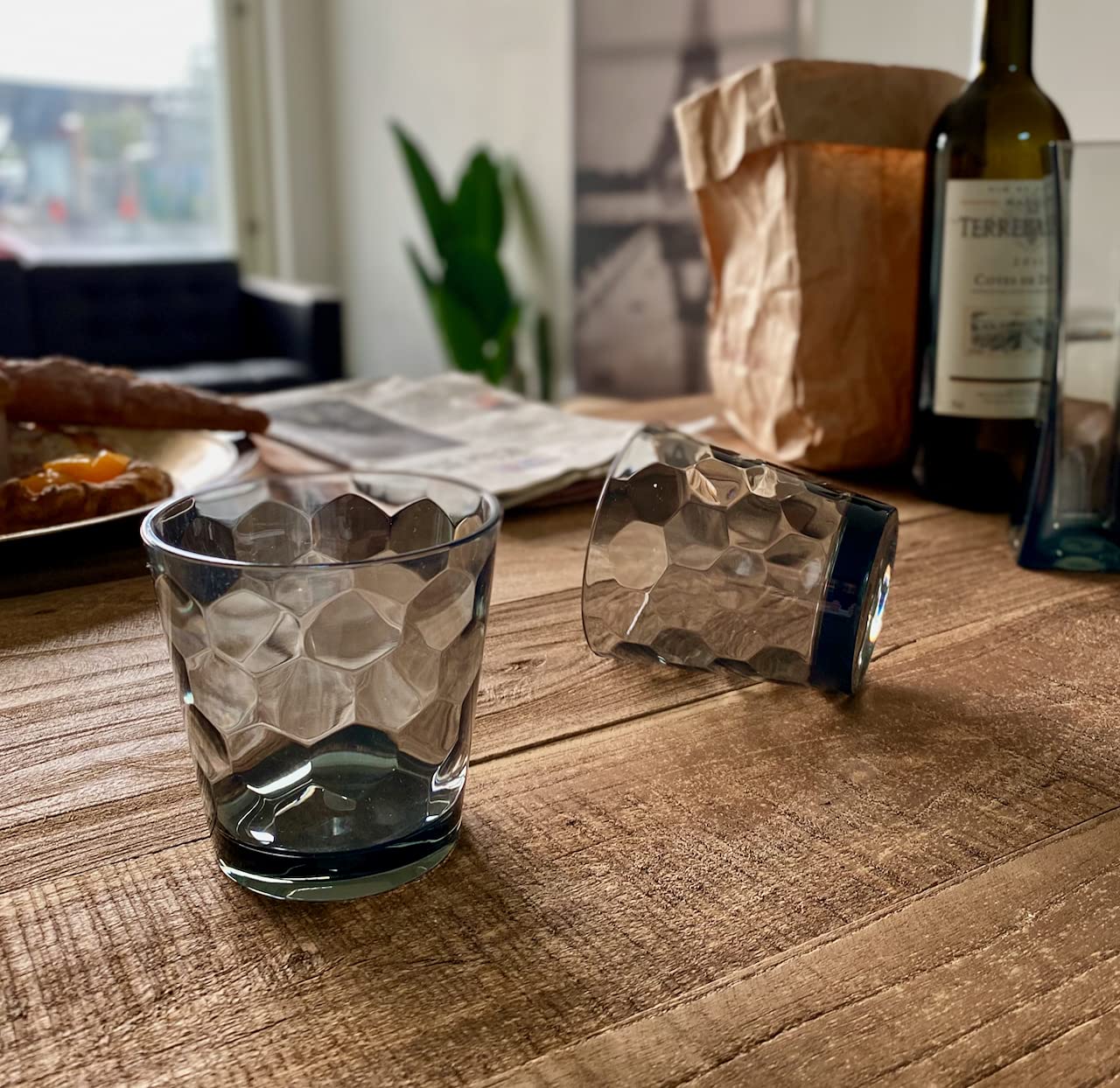 KLIFA- LYON- 11 ounce, Set of 6, Acrylic Tumbler Drinking Glasses Cups, BPA-Free, Stackable Plastic Drinkware, Dishwasher Safe, Gray-Black