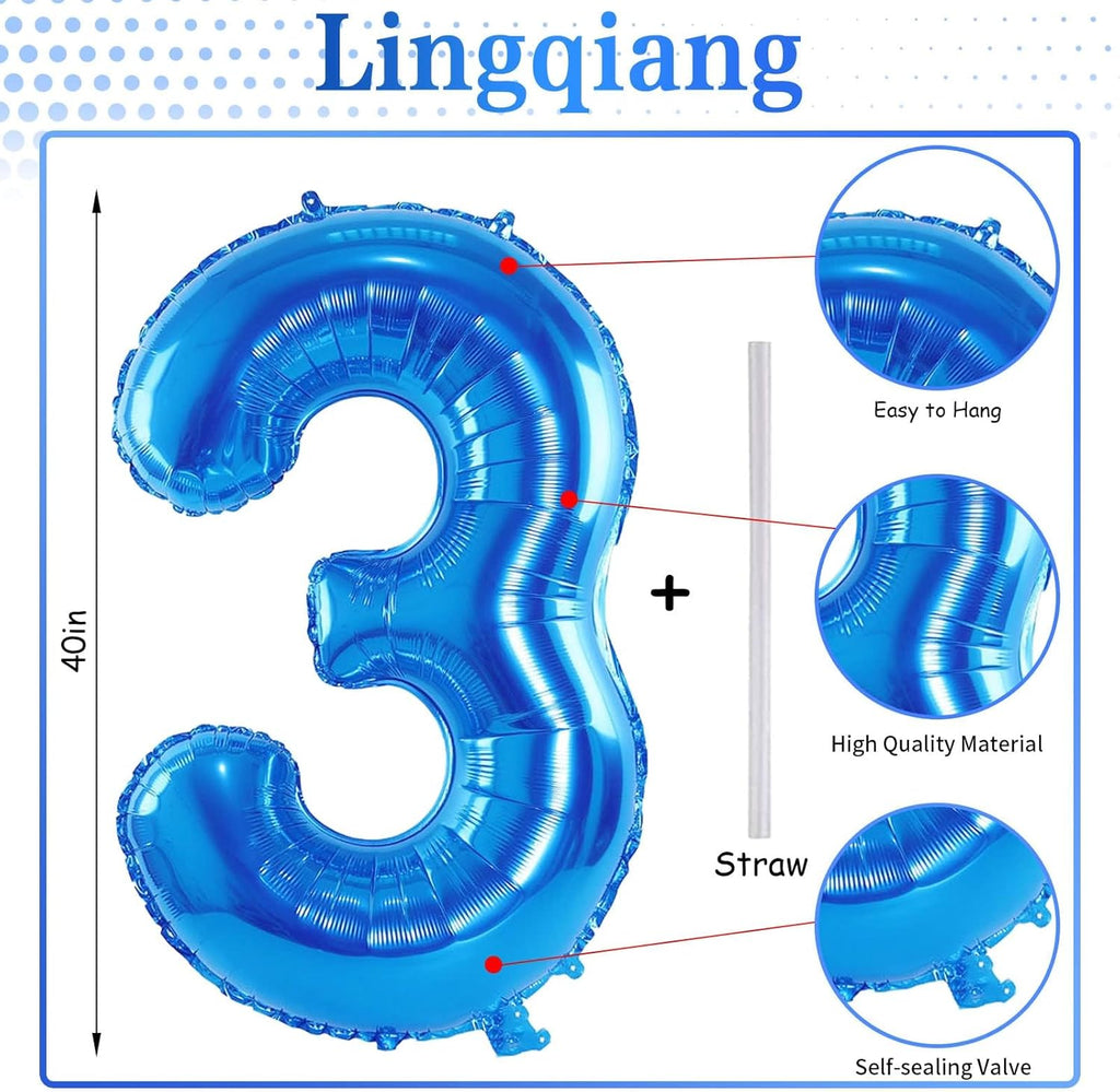 Skiennix Large Blue Foil Number 3 Balloon - 40 Inch Helium Balloon for Birthday & Graduation Celebrations