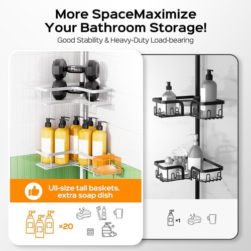 HAMITOR Corner Shower Caddy - 4-Tier Rustproof Bathroom Organizer with Soap Holder & Hooks | Adjustable Tension Pole Rack (47-123 Inch)