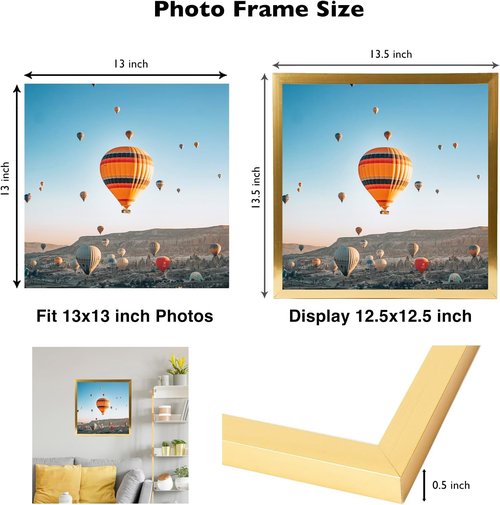 JCJMY 13x13 Gold Picture Frame - Versatile Wall Hanging for Horizontal or Vertical Display | Shatter-Resistant Plexiglass