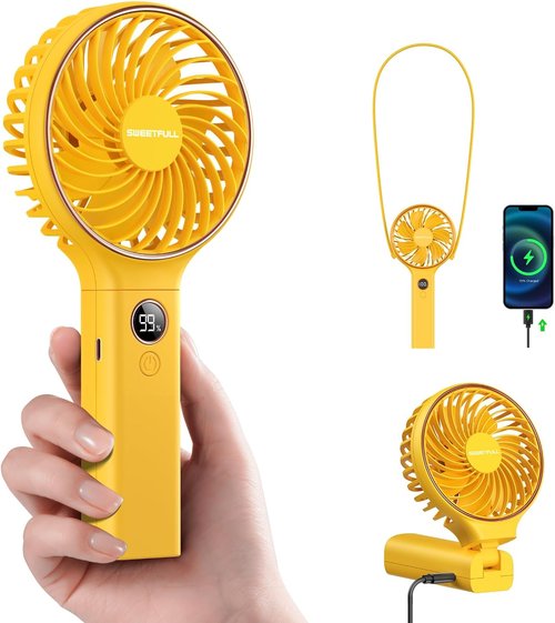 **Sweetfull Handheld Portable Fan - 5000mAh Rechargeable Battery, 6 Speed Settings, LED Display | Mini Travel Fan**