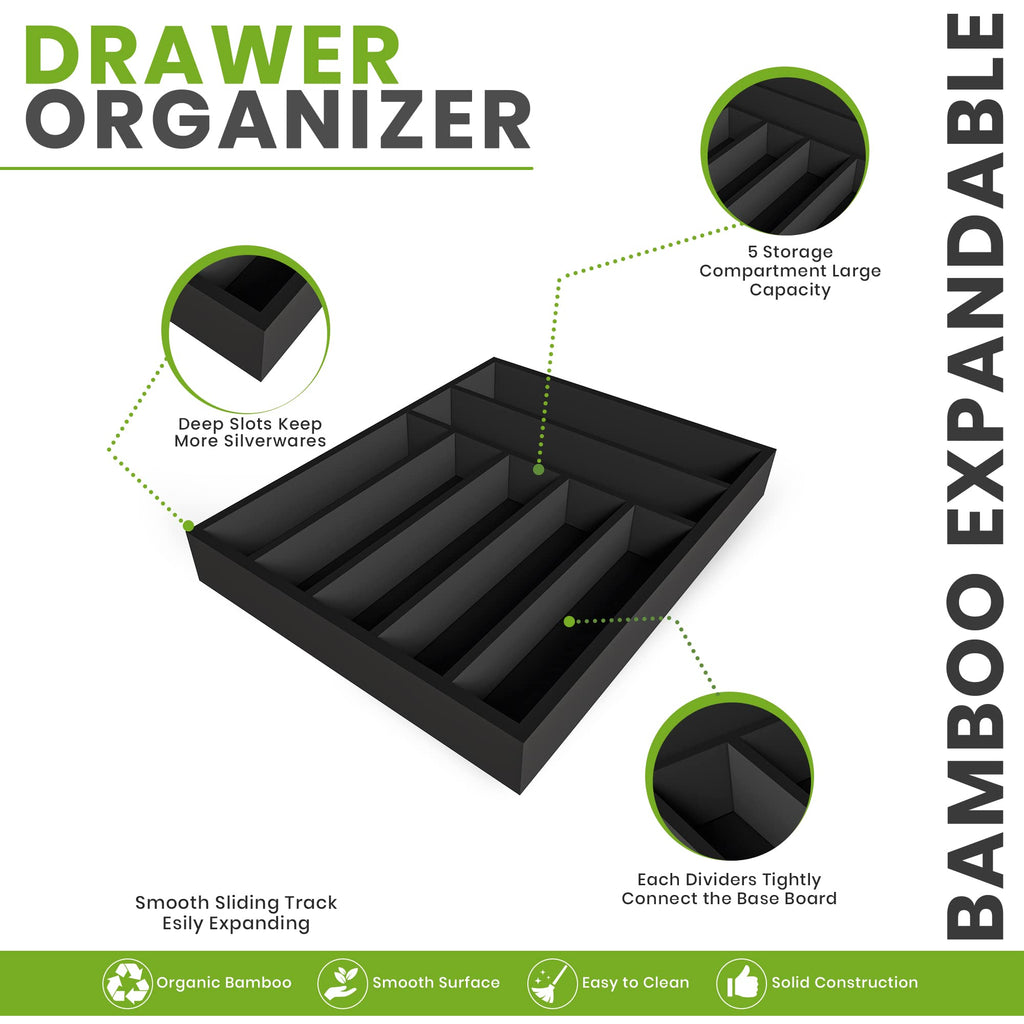 Utopia Kitchen Silverware Organizer, Bamboo Utensil Drawer Organizer for Cutlery, Utensils & Flatware (7 Compartment, Black) Pack of 1