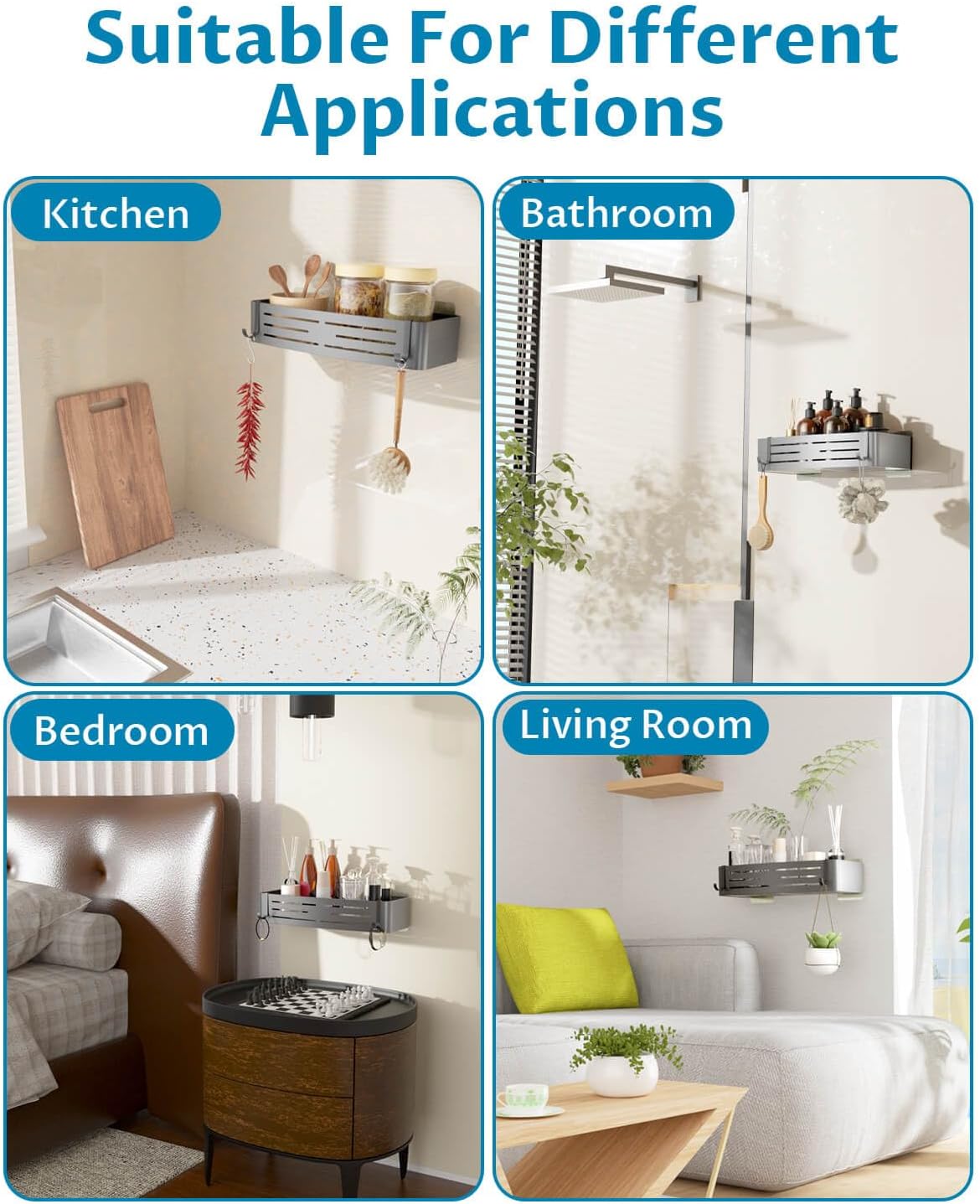 Onemake Shower Caddy - Rustproof Aluminum Shower Shelf with Removable Hooks | No Drill, Grey