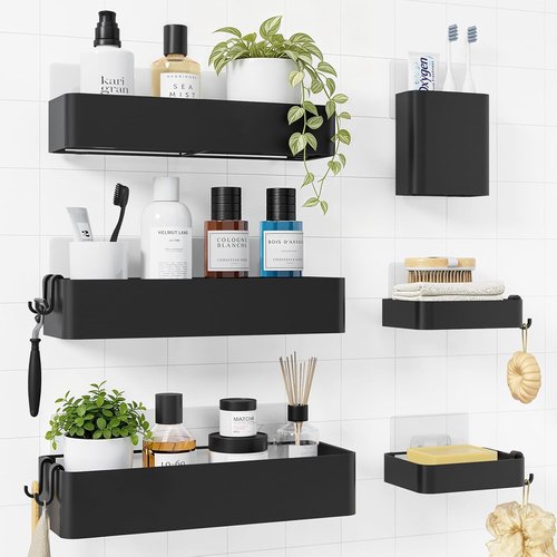 Kitsure Shower Caddy Adhesive | Rustproof 6-Pack No-Drill Bathroom Organizer - Large Black Shelves with Hooks
