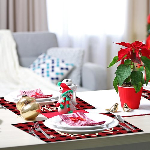 7 Pieces Christmas Table Runner and Placemats Set 13 × 72 Inch Table Runner with 12 × 18 Inch Placemats Christmas Buffalo Plaid Dining Mat for Holiday Xmas Kitchen Decor(Artsy Style)